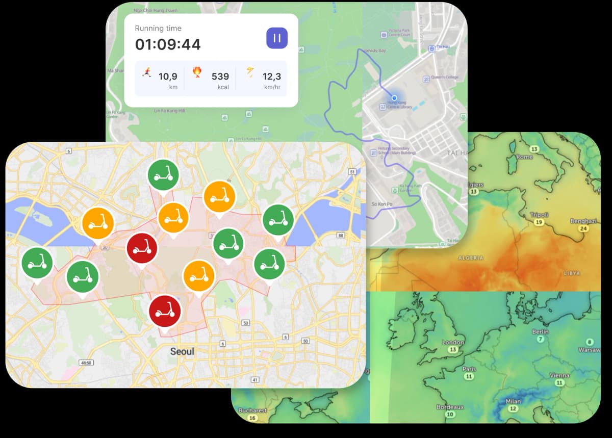 Interactive map features including custom markers, routes, and real-time data overlays