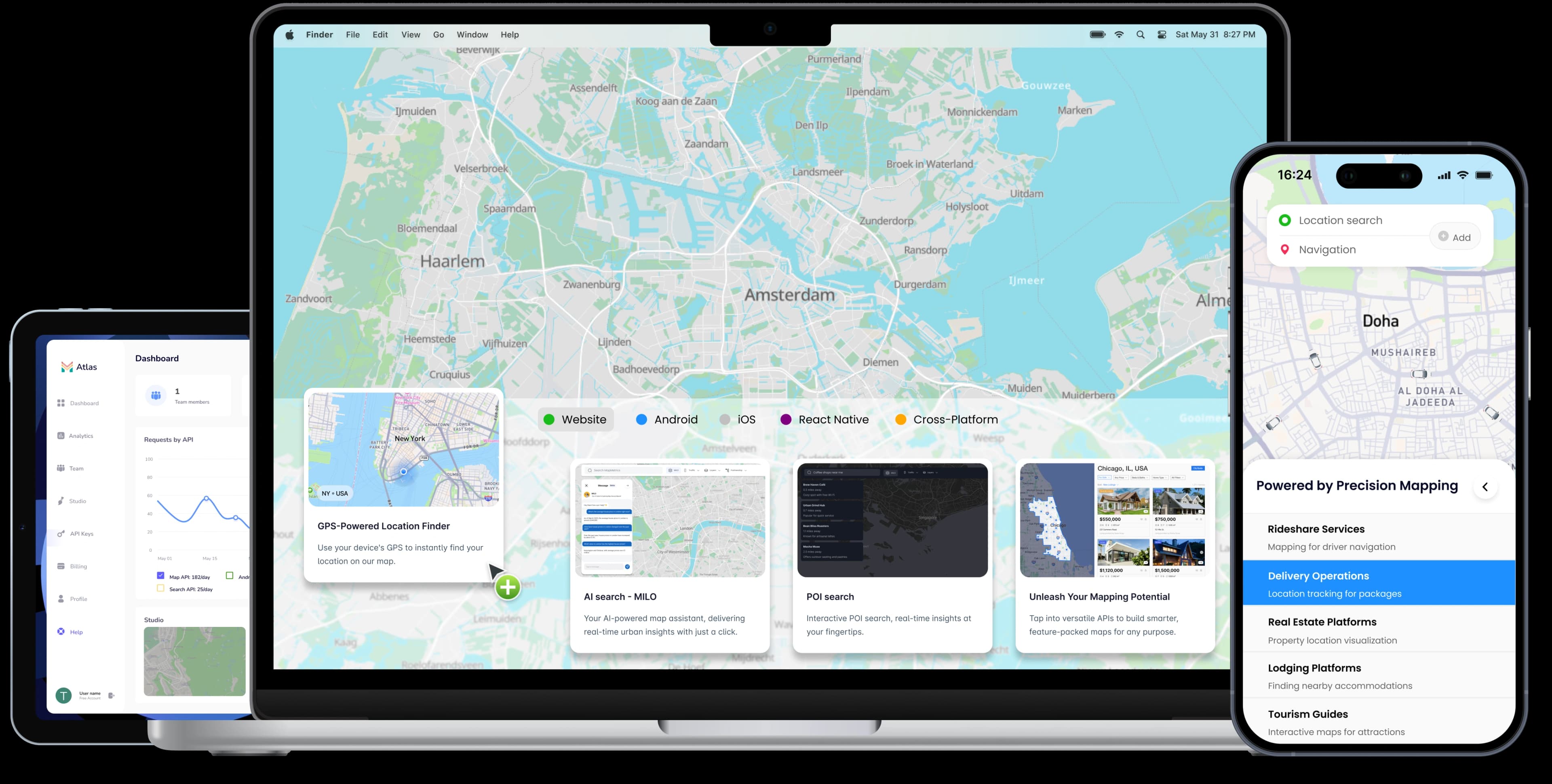 MapAtlas API dashboard showing interactive maps, routing, and geocoding features for developers