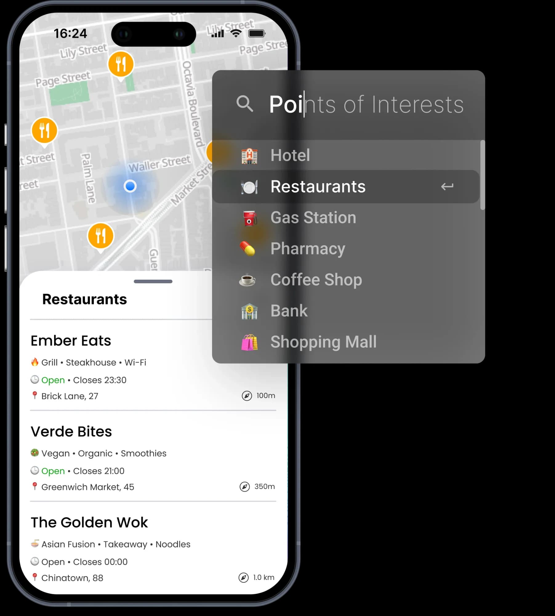 Point of interest search and discovery feature with location filtering and category browsing
