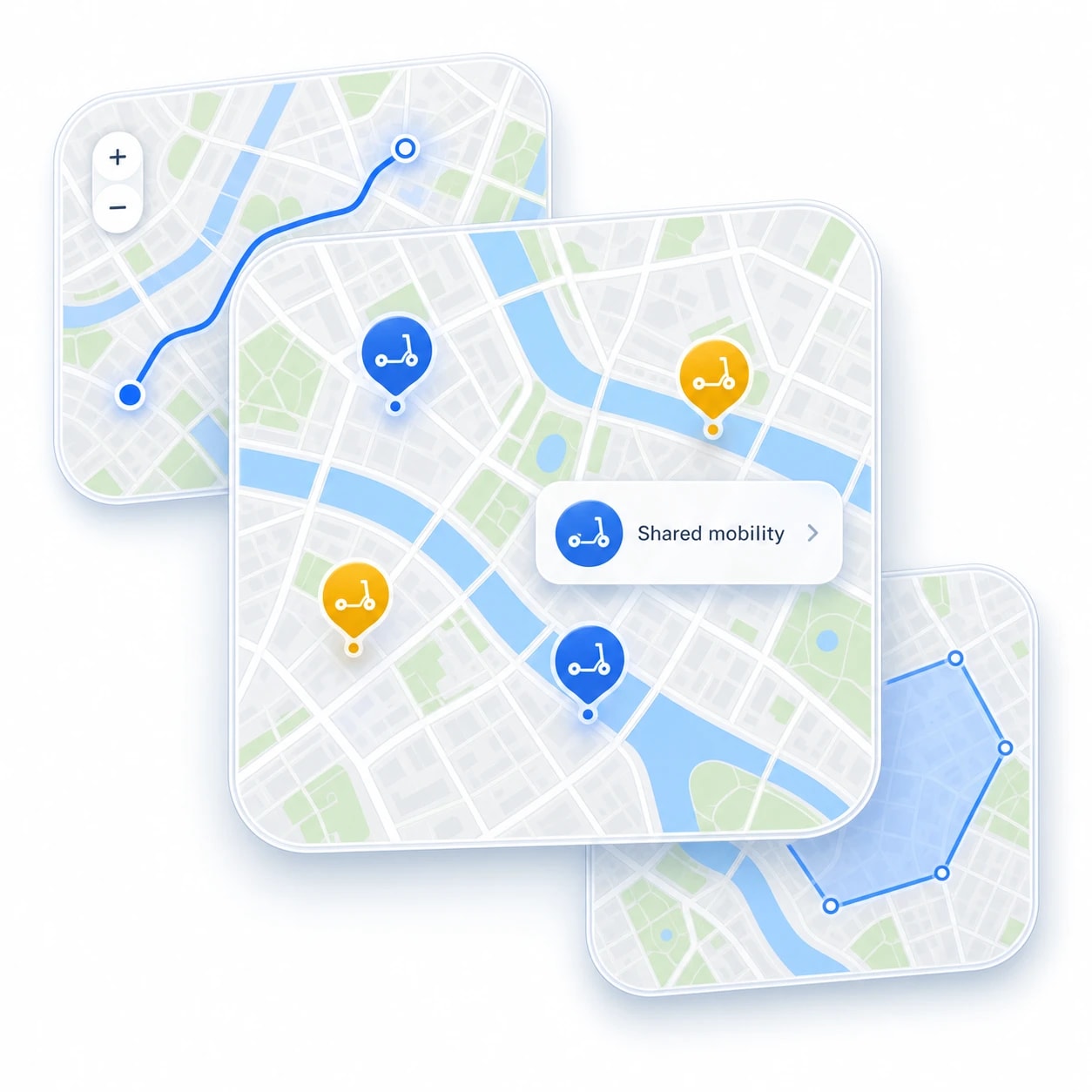 Layered map feature illustration with shared-scooter markers, a route preview, and an area boundary