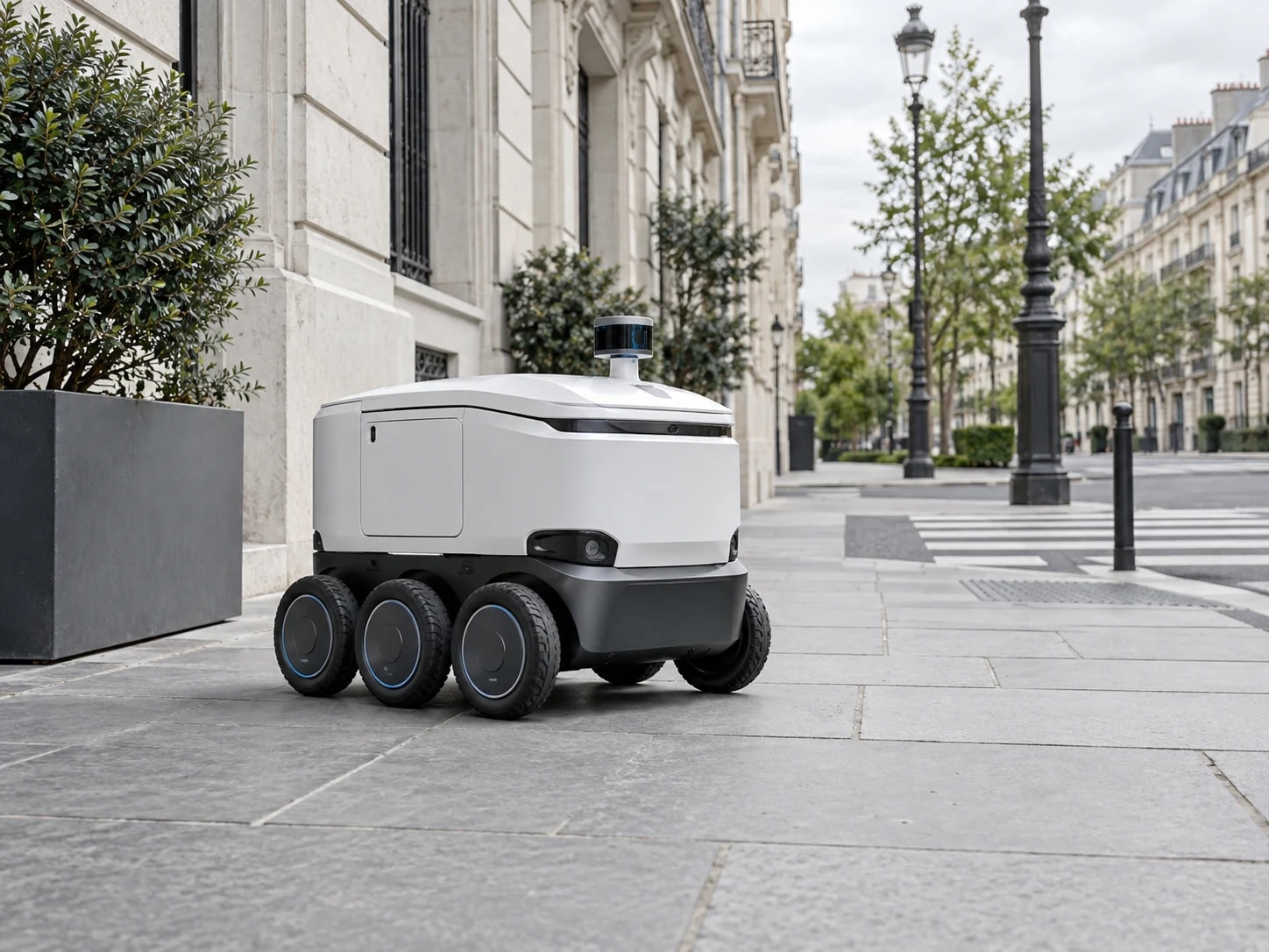 Illustration of a compact six-wheeled delivery robot on a city pavement
