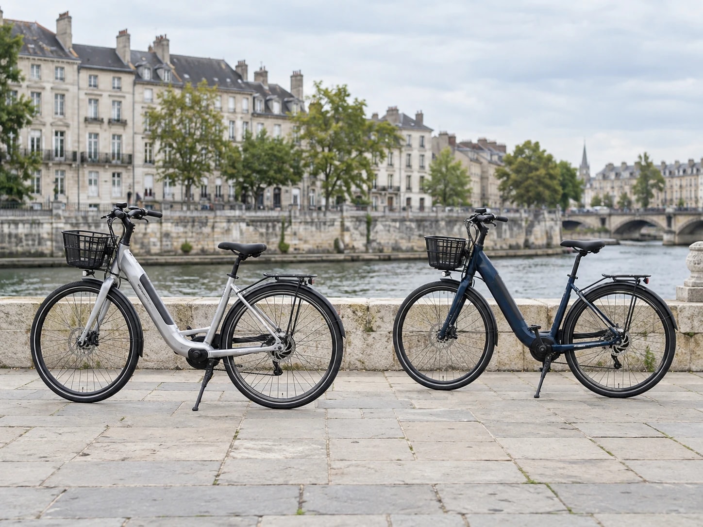 Illustration of shared electric bicycles parked beside a European canal