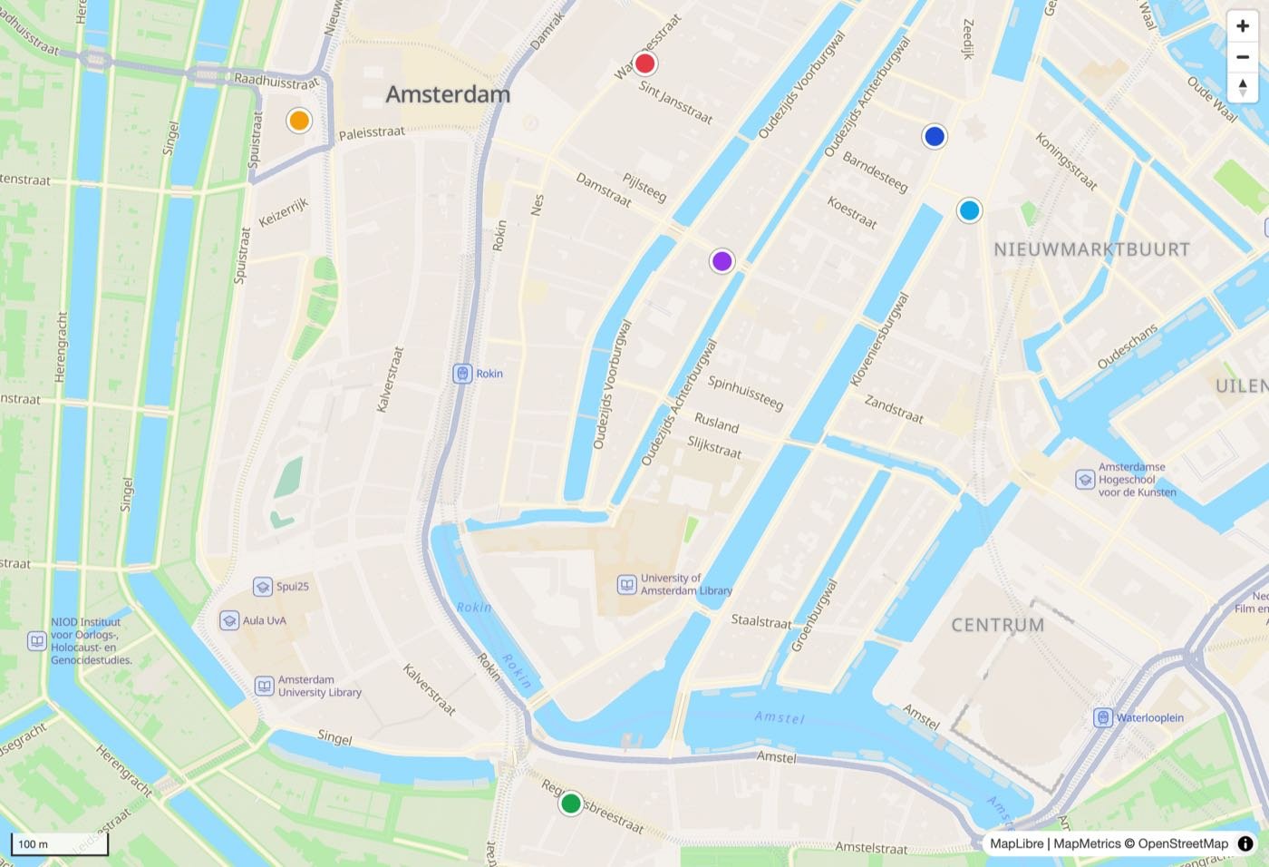 MapAtlas 门店查询地图,显示阿姆斯特丹市中心六家网点的彩色标记